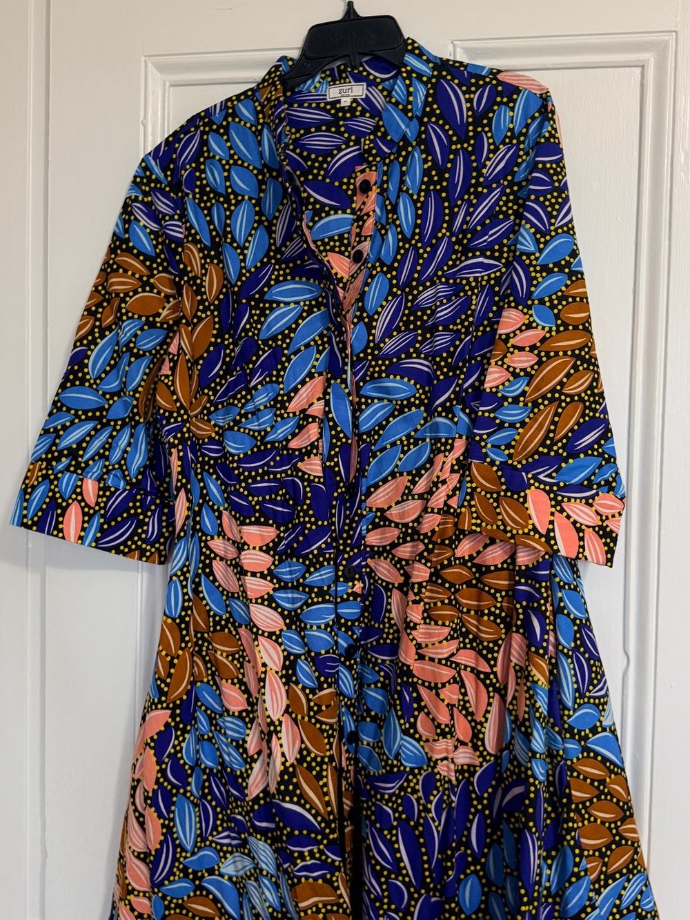 Zuri Printed V-Neck Midi Dress in Blue, Pink & Brown